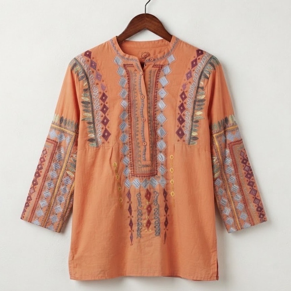 Biya Johnny Was Orange Embroidered Cotton Tunic Top Boho XS Coastal Boho Festive
